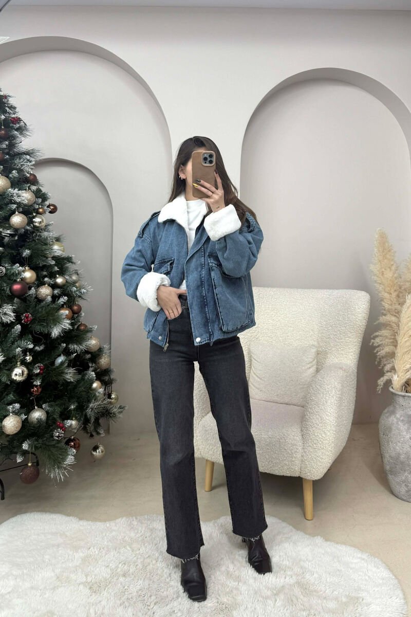 FUR DETAIL DENIM WOMEN JACKET WHITE-LIGHT BLUE/BABZ - 2