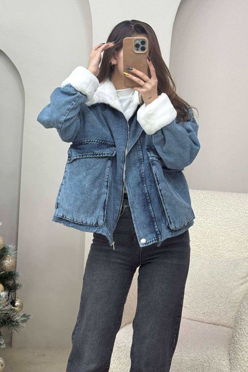 FUR DETAIL DENIM WOMEN JACKET WHITE-LIGHT BLUE/BABZ - 1