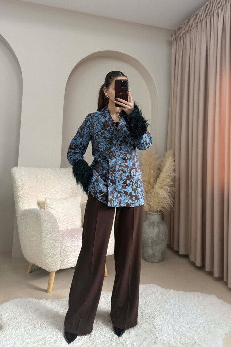 FUR DETAIL FLORAL DESIGN WOMEN JACKET BLUE/BLU - KLAUDIO FASHION