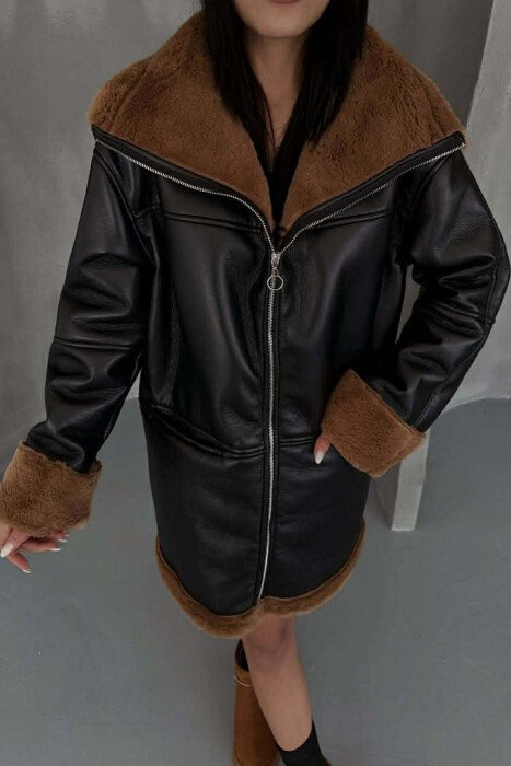 FUR INTERIOR DESIGN LEATHER WOMEN JACKET BLACK/ E ZEZE - KLAUDIO FASHION
