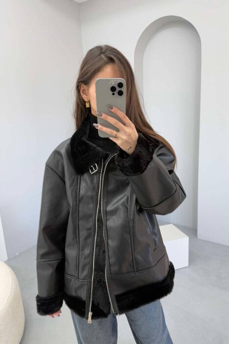 FUR INTERIOR DESIGN LEATHER WOMEN JACKET BLACK/ E ZEZE - KLAUDIO FASHION