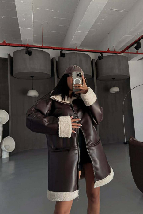 FUR INTERIOR DESIGN LEATHER WOMEN JACKET DARK BROWN/KAE - 2