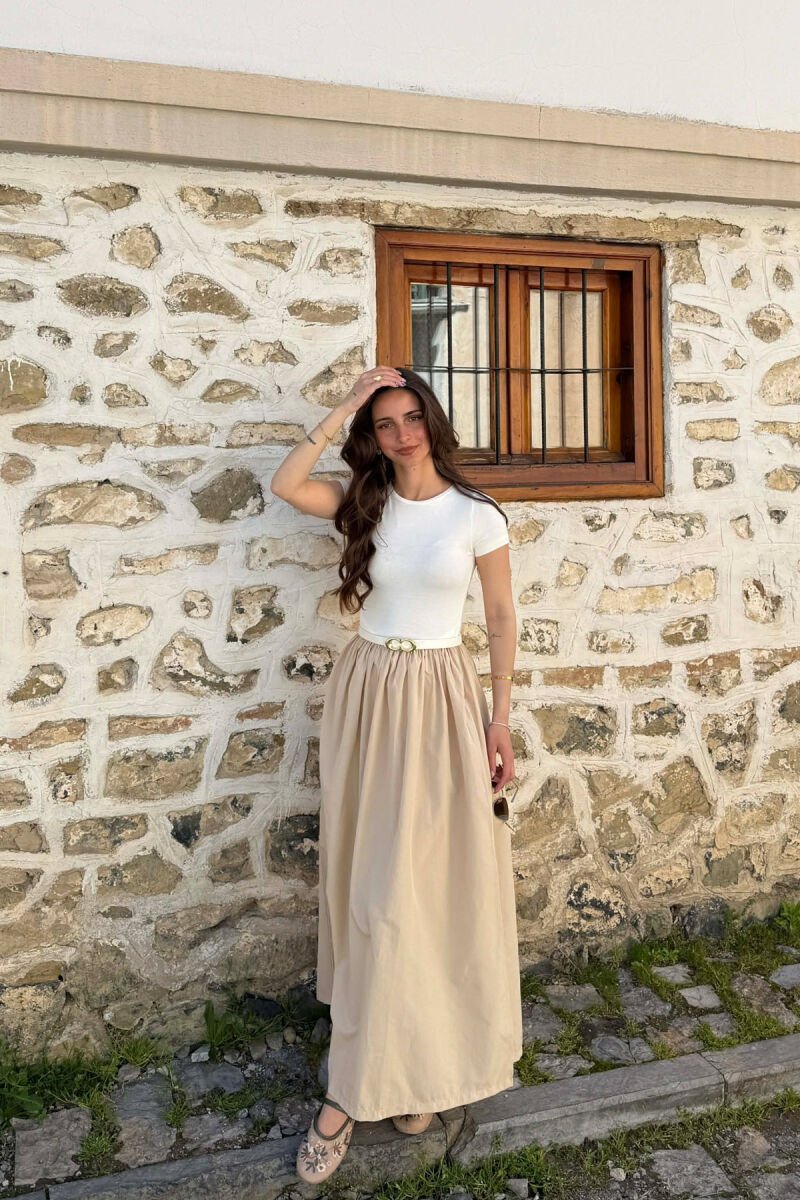 FUSTAN I GJATË ME DETAJIN E RRIPIT PËR FEMRA NË NGJYRËN BEZHË - 1