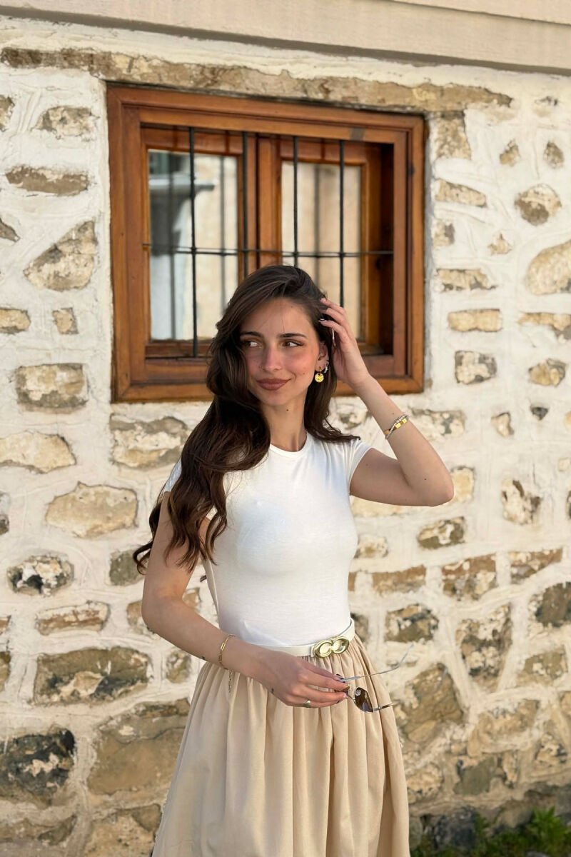 FUSTAN I GJATË ME DETAJIN E RRIPIT PËR FEMRA NË NGJYRËN BEZHË - 2