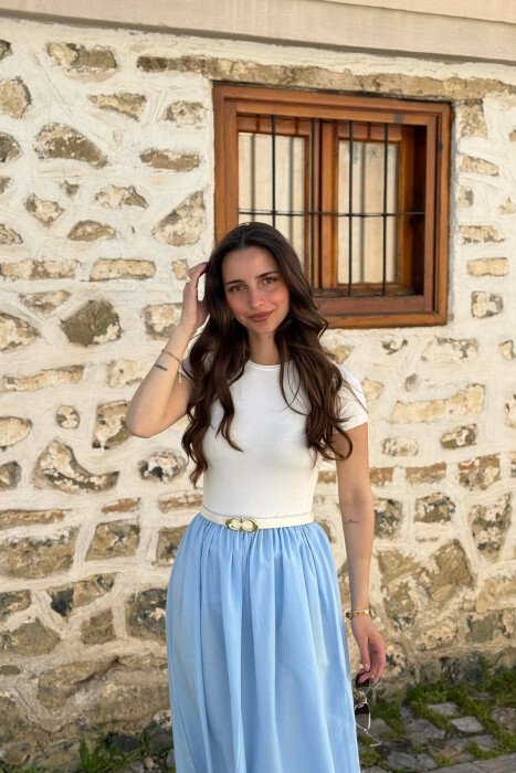 FUSTAN I GJATË ME DETAJIN E RRIPIT PËR FEMRA NË NGJYRËN BLU E ZBARDHUR - 4