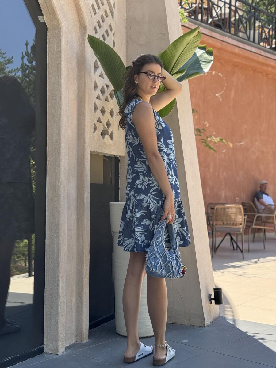 FLOWER DESIGN SHORT WOMEN DRESS BLUE/BLU - 2