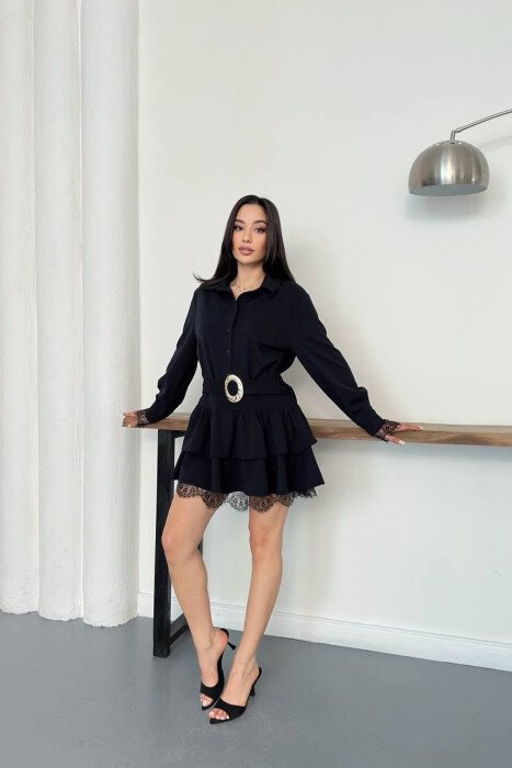 FUSTAN ME DETAJ RRIPI PER FEMRA NE NGJYRE BLU TE ERRET - KLAUDIO FASHION