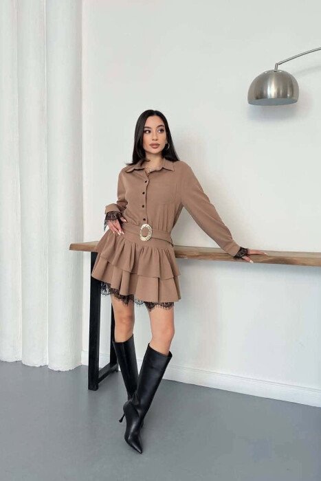FUSTAN ME DETAJ RRIPI PER FEMRA NE NGJYRE KAFE TE ZBARDHUR - KLAUDIO FASHION