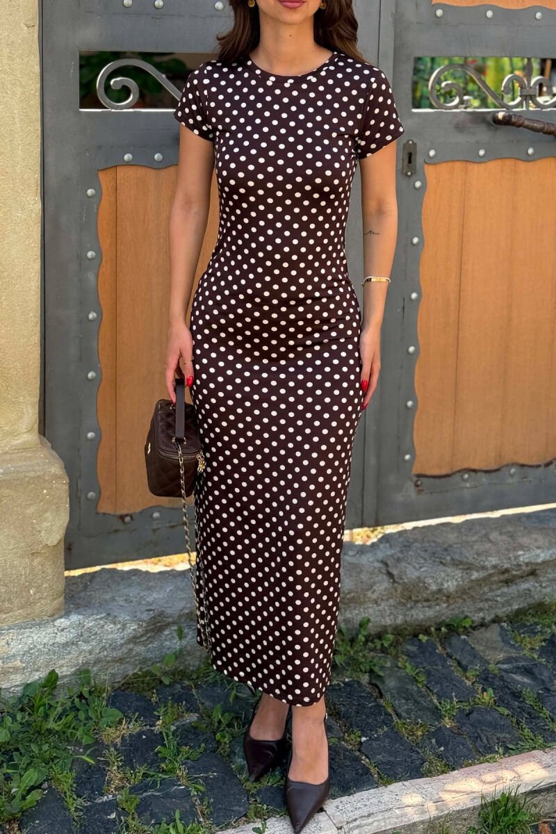 FUSTAN ME DIZAJN POLKA DOTS ME MENGE TE SHKURTRA PER FEMRA NE NGJYRE KAFE - 4