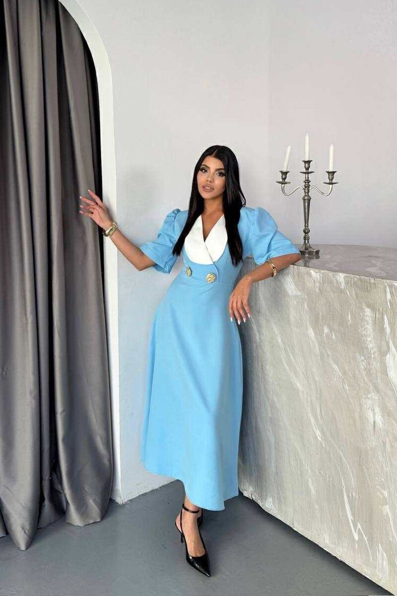 FUSTAN ME MENGË TË SHKURTRA ME DETAJIN E KOPSAVE GOLD PËR FEMRA NË NGJYRËN BLU E ZBARDHUR - 2