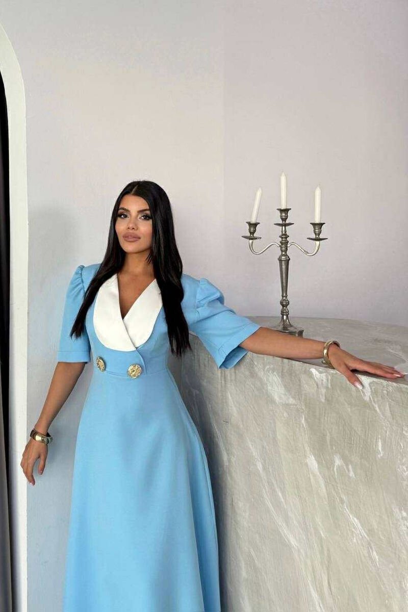 FUSTAN ME MENGË TË SHKURTRA ME DETAJIN E KOPSAVE GOLD PËR FEMRA NË NGJYRËN BLU E ZBARDHUR - 3