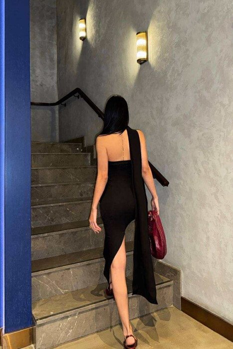 FUSTAN NJË NGJYRËSH ME DETAJIN E SHALLIT PËR FEMRA NË NGJYRË TË ZEZË - 4