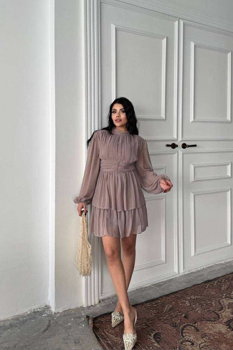 FUSTAN NJË NGJYRËSH ME DIZAJN TYLI PËR FEMRA NË NGJYRË BEZHË TË ERRËT - 1