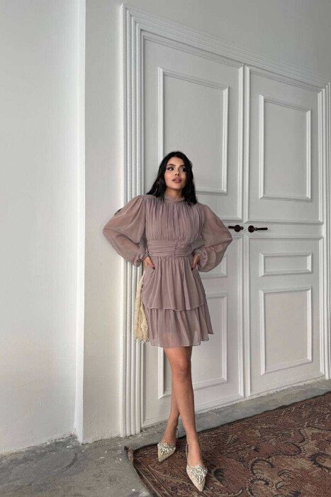 FUSTAN NJË NGJYRËSH ME DIZAJN TYLI PËR FEMRA NË NGJYRË BEZHË TË ERRËT - 3