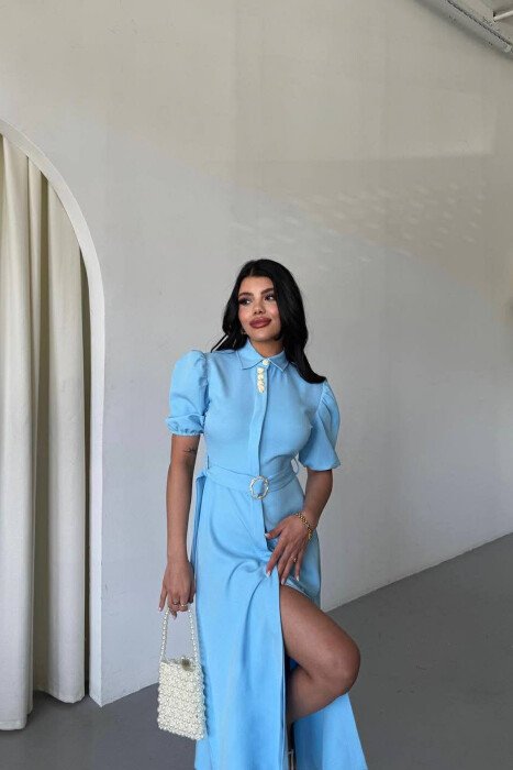 FUSTAN NJË NGJYRËSH ME JAKË POLO DHE LIDHËSE NË BEL PËR FEMRA NË NGJYRE BABY BLUE - 2