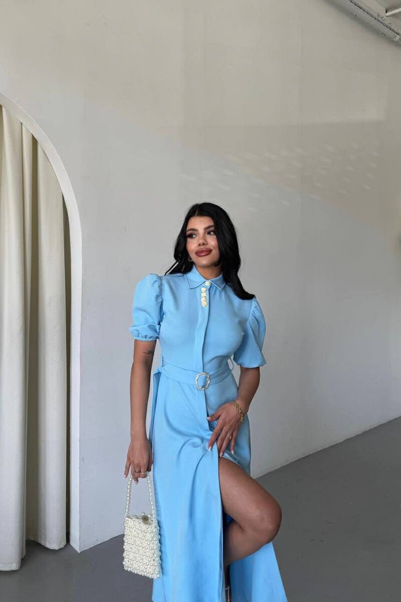 FUSTAN NJË NGJYRËSH ME JAKË POLO DHE LIDHËSE NË BEL PËR FEMRA NË NGJYRE BABY BLUE - 2