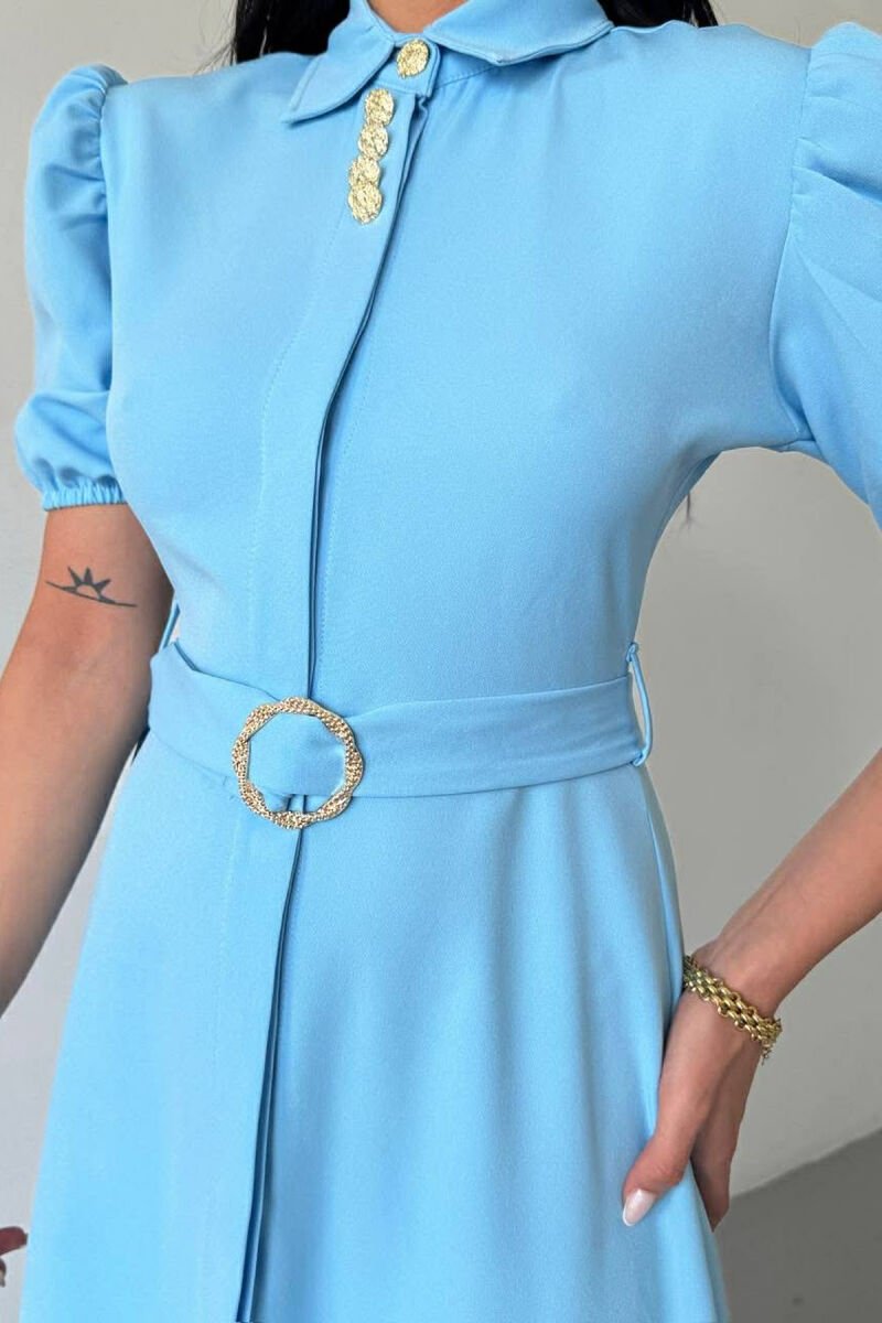 FUSTAN NJË NGJYRËSH ME JAKË POLO DHE LIDHËSE NË BEL PËR FEMRA NË NGJYRE BABY BLUE - 3