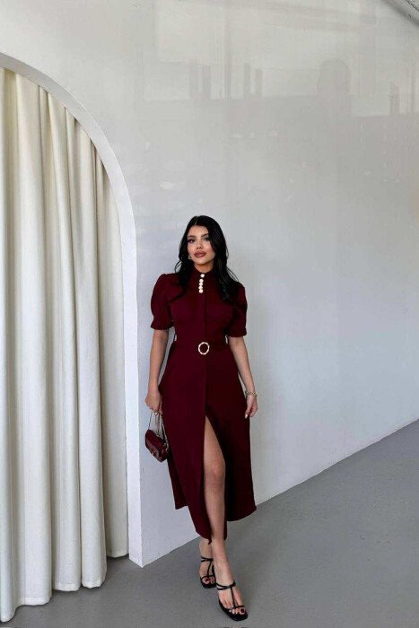 FUSTAN NJË NGJYRËSH ME JAKË POLO DHE LIDHËSE NË BEL PËR FEMRA NË NGJYRËN VISHNJË - 1