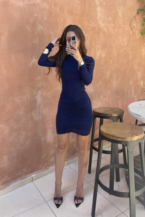 FUSTAN NJËNGJYRËSH I SHKURTËR ME MËNGË TË GJATA PËR FEMRA NË NGJYRËN BLU TË ERRËT - 5