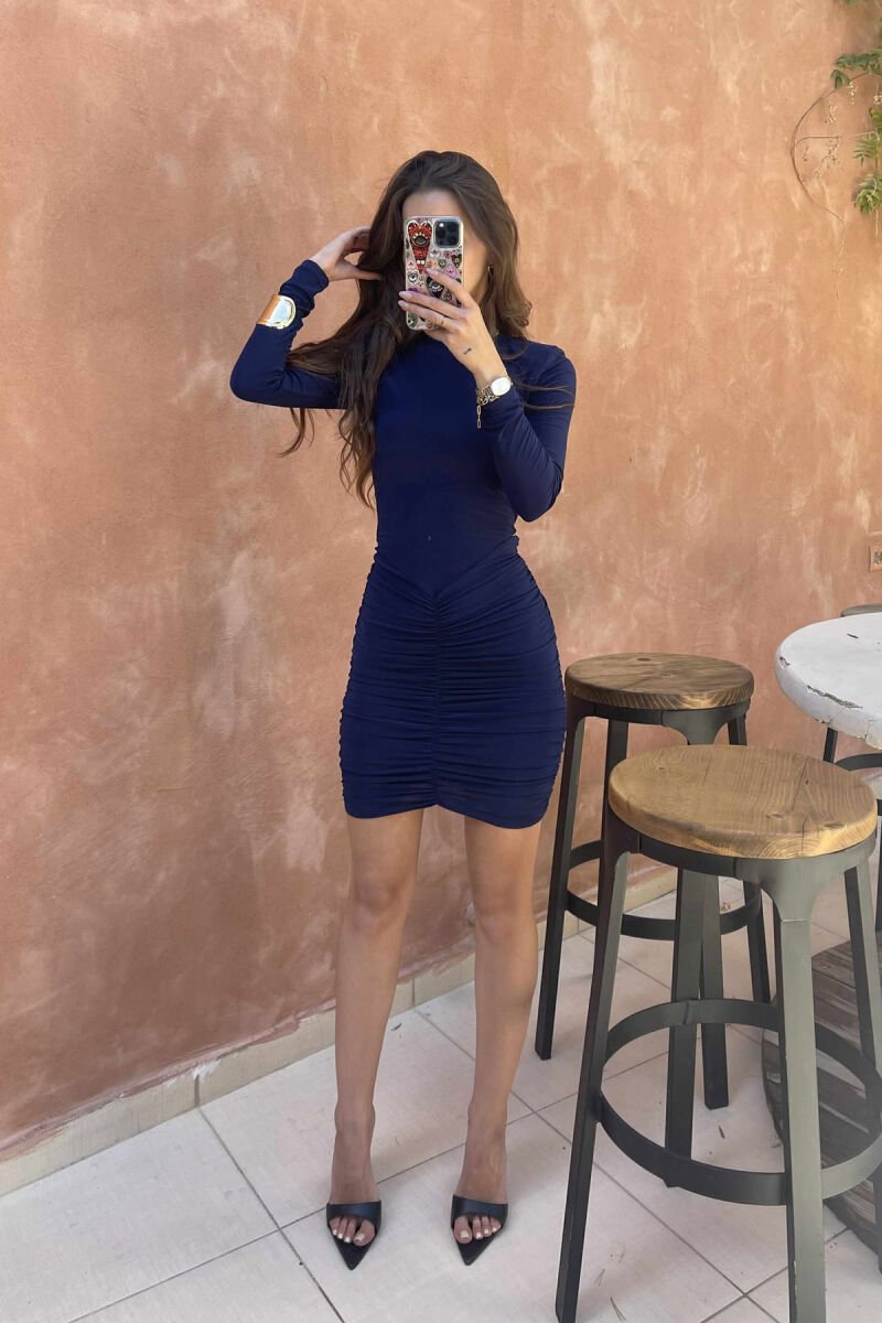 FUSTAN NJËNGJYRËSH I SHKURTËR ME MËNGË TË GJATA PËR FEMRA NË NGJYRËN BLU TË ERRËT - 5