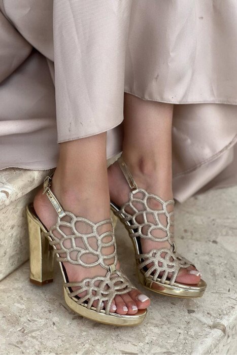 GLITTER THICK HEEL WOMAN HIGH HEEL GOLDEN ROD/GOLD - KLAUDIO FASHION