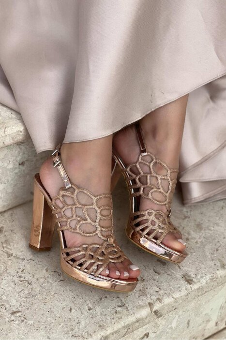 GLITTER THICK HEEL WOMAN HIGH HEEL POWDER/PUDER - KLAUDIO FASHION