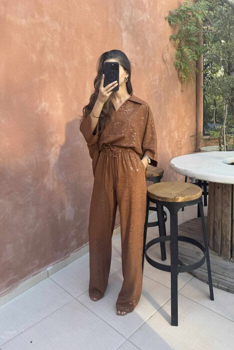 GLOSSY DETAILS ONE COLOR WOMEN SET BROWN/KAFE - 3
