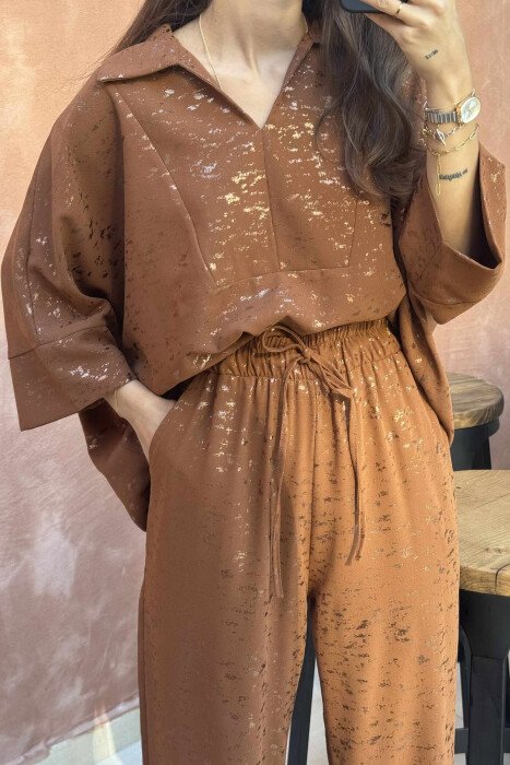 GLOSSY DETAILS ONE COLOR WOMEN SET BROWN/KAFE - 5