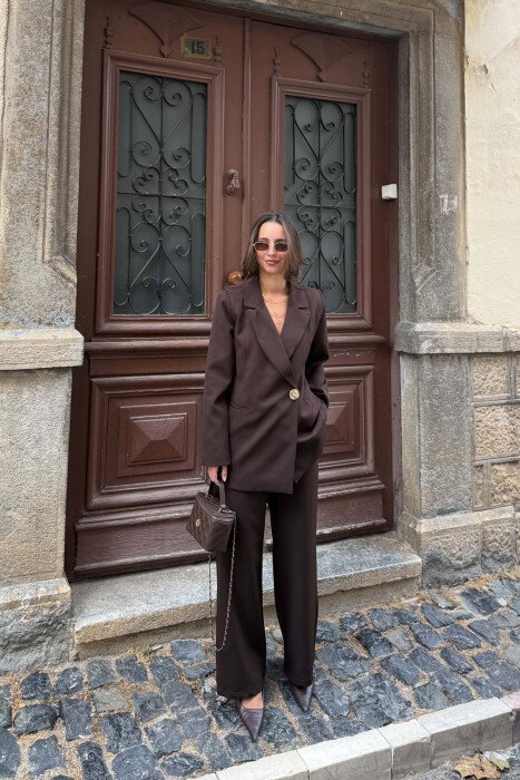 GOLD BUTTON CLASSIC JACKET+ TROUSERS WOMAN SET BROWN/KAFE 