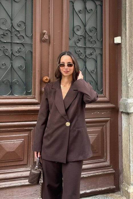 GOLD BUTTON CLASSIC JACKET+ TROUSERS WOMAN SET BROWN/KAFE - 3