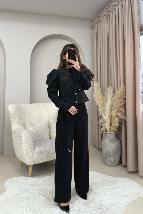 GOLD BUTTON CROPPED WOMEN JACKET BLACK/ E ZEZE - KLAUDIO FASHION