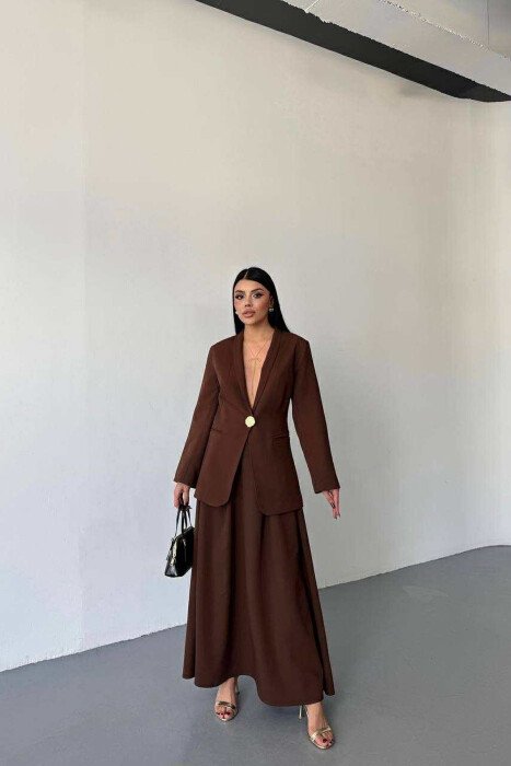 GOLD BUTTONS CLASSIC JACKET+SKIRT WOMEN SET BROWN/KAFE - 1