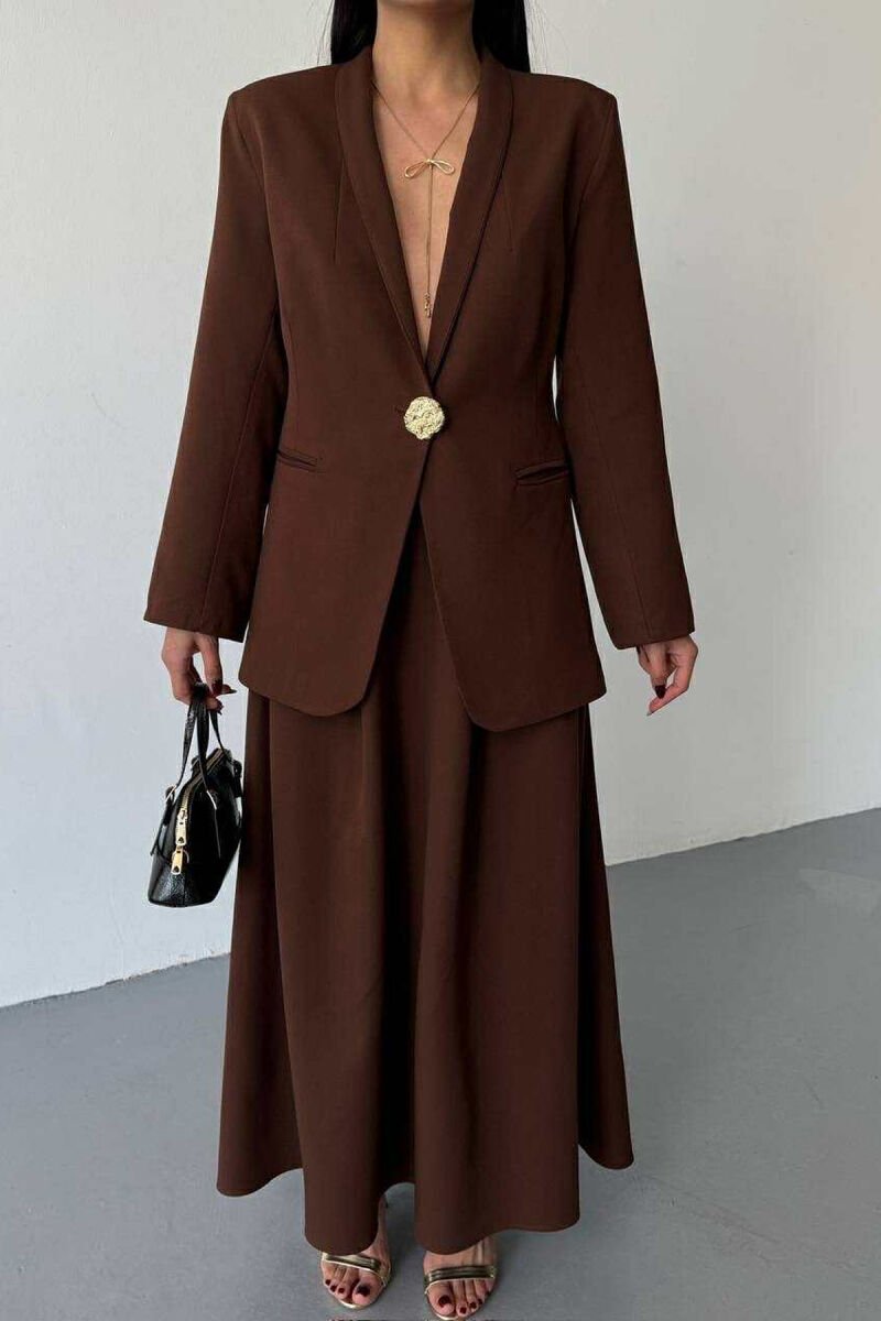 GOLD BUTTONS CLASSIC JACKET+SKIRT WOMEN SET BROWN/KAFE - 2