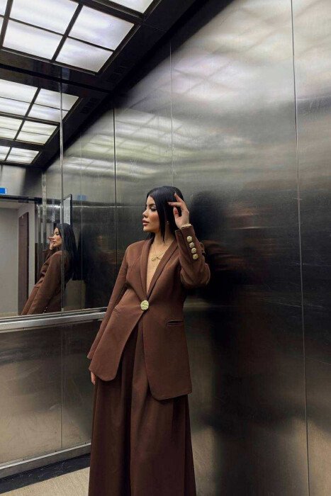 GOLD BUTTONS CLASSIC JACKET+SKIRT WOMEN SET BROWN/KAFE - 3