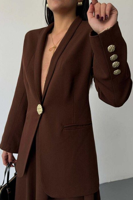GOLD BUTTONS CLASSIC JACKET+SKIRT WOMEN SET BROWN/KAFE - 4