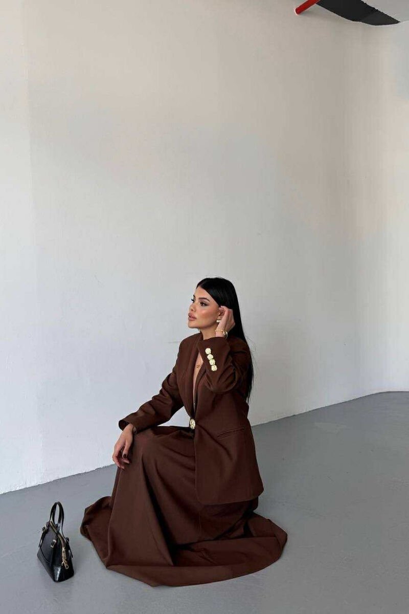 GOLD BUTTONS CLASSIC JACKET+SKIRT WOMEN SET BROWN/KAFE - 7