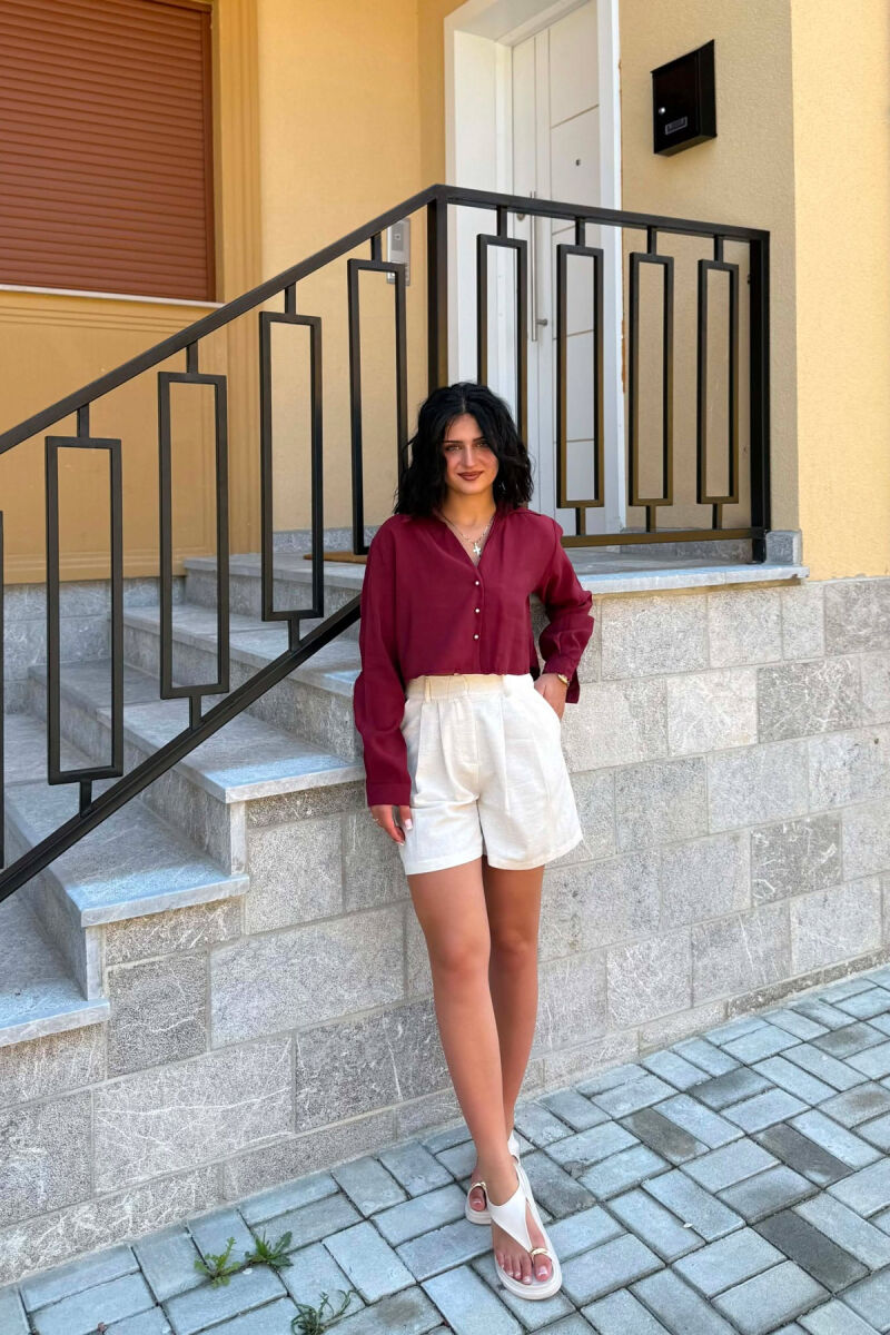 GOLD BUTTONS CROPPED WOMAN SHIRT BURGUNDY/VISHNJE - 3