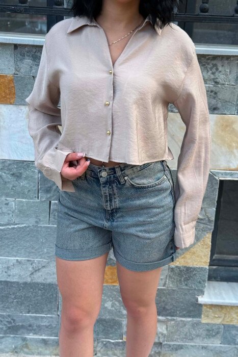 GOLD BUTTONS CROPPED WOMAN SHIRT LIGHT BROWN/KAZB - 2