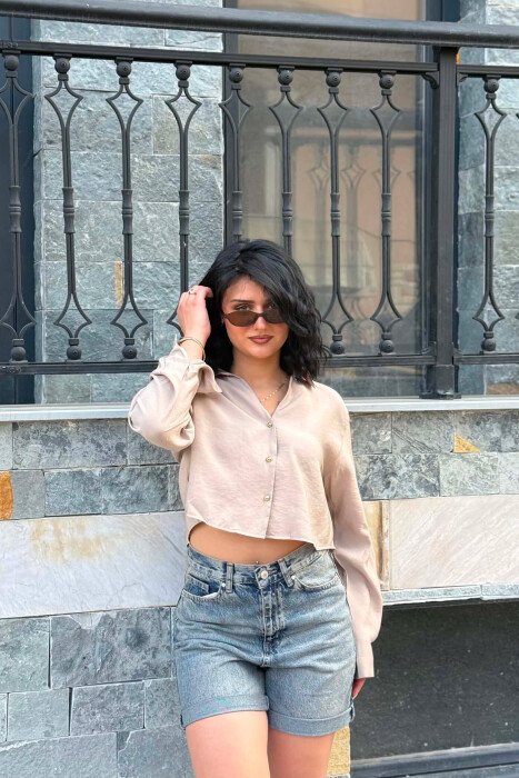 GOLD BUTTONS CROPPED WOMAN SHIRT LIGHT BROWN/KAZB - 3