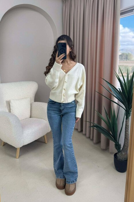 GOLD BUTTONS DETAIL ONE COLOR WOMEN CARDIGAN CREAM/KREM - 1