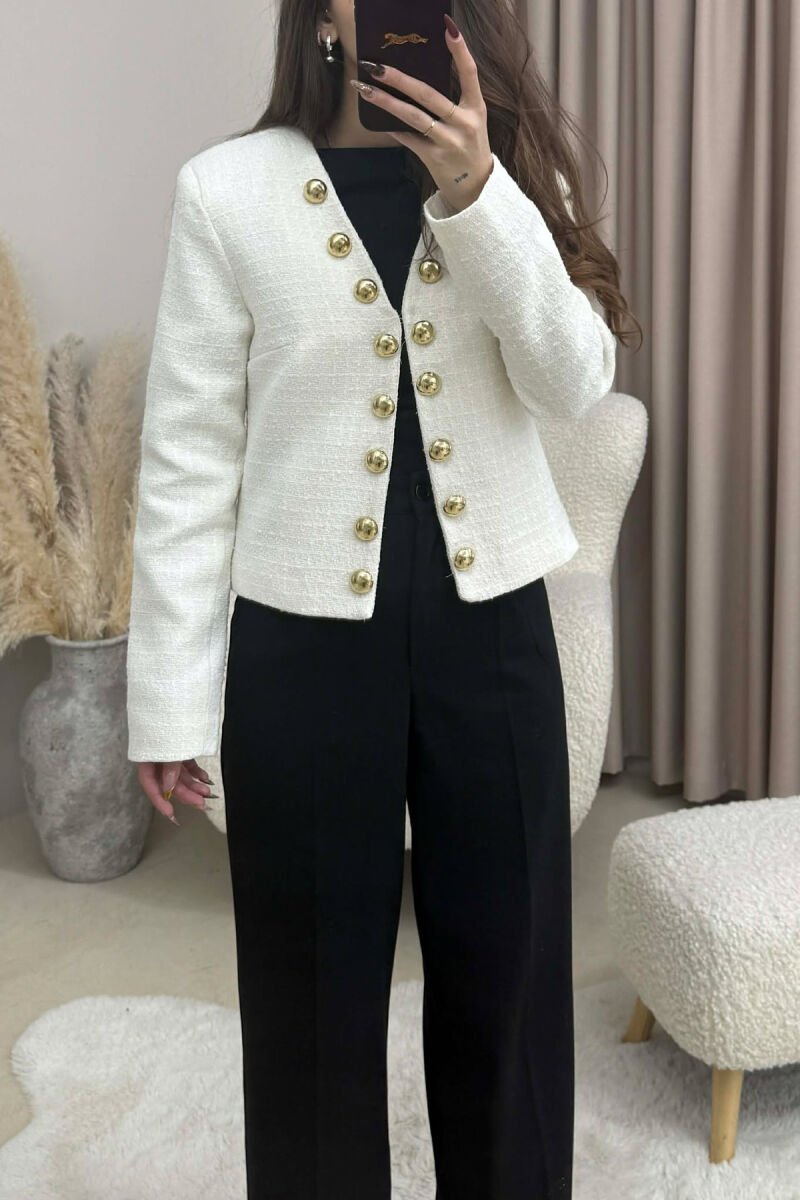 GOLD BUTTONS DETAIL SIMPLE WOMEN JACKET CREAM/KREM - 3