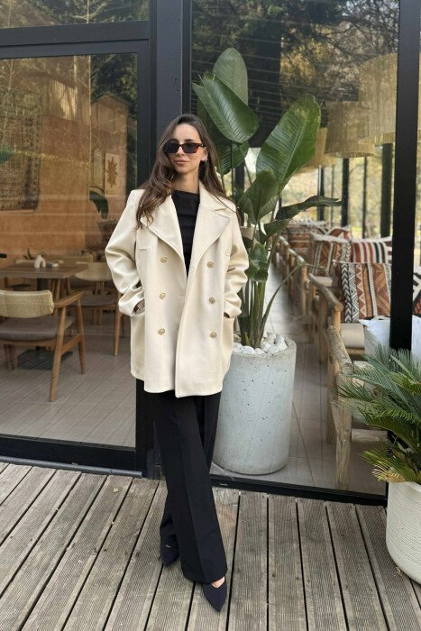 GOLD BUTTONS DETAIL SIMPLE WOMEN COAT CREAM/KREM - KLAUDIO FASHION