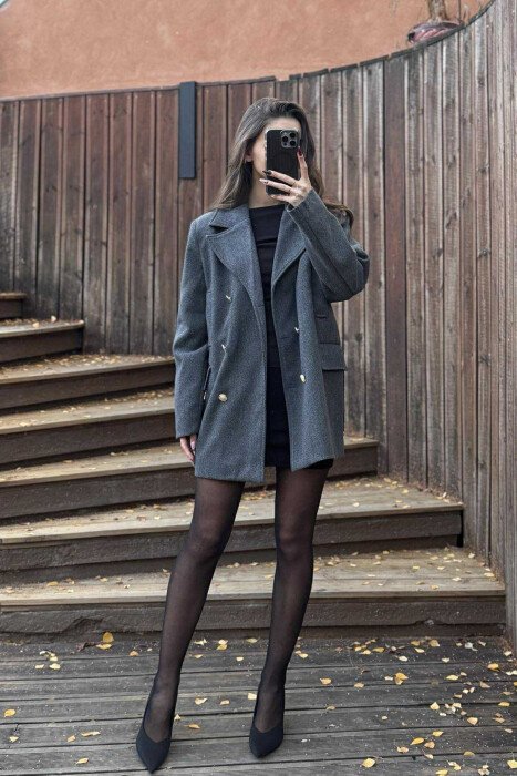 GOLD BUTTONS DETAIL SIMPLE WOMEN COAT DARK GREY/GEE - KLAUDIO FASHION