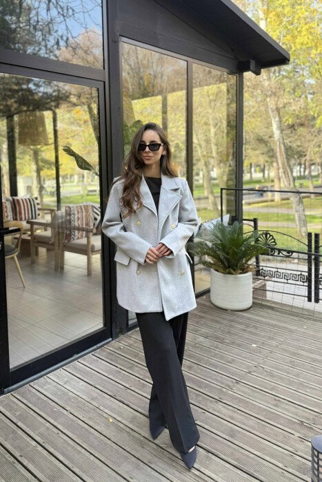 GOLD BUTTONS DETAIL SIMPLE WOMEN COAT LIGHT GREY/GZ - KLAUDIO FASHION
