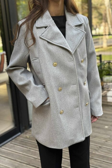 GOLD BUTTONS DETAIL SIMPLE WOMEN COAT LIGHT GREY/GZ - 3