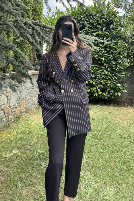 GOLD BUTTONS DETAIL STRIPED WOMEN JACKET BLACK-WHITE/ZEBA - KLAUDIO FASHION