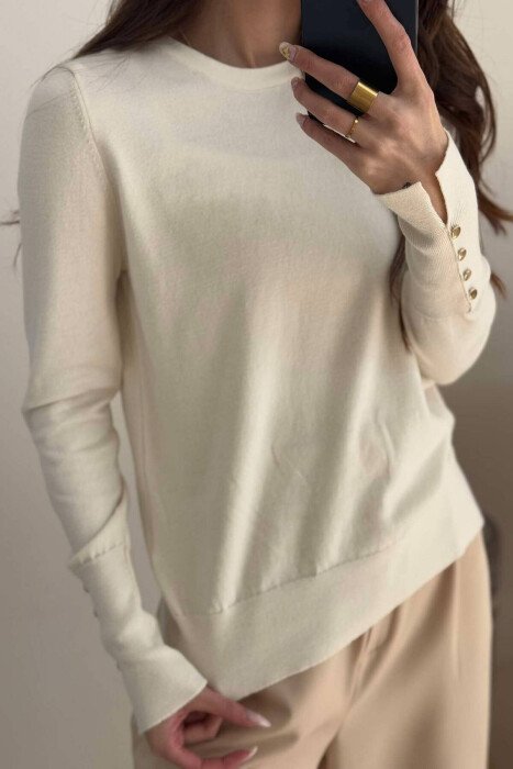 GOLD BUTTONS DETAILS ONE COLOR WOMEN SWEATER CREAM/KREM 