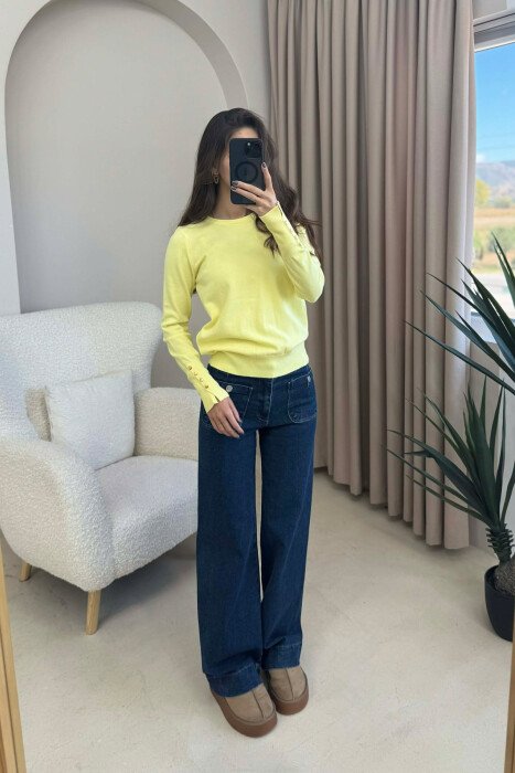 GOLD BUTTONS DETAILS ONE COLOR WOMEN SWEATER LEMON/ LIMON 