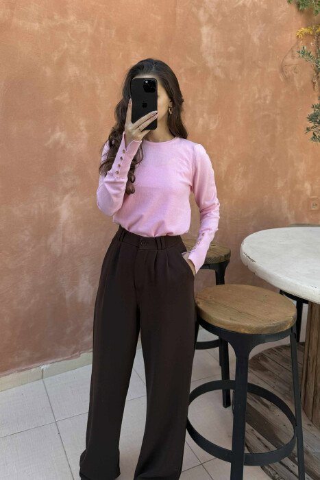 GOLD BUTTONS DETAILS ONE COLOR WOMEN SWEATER PINK/ROZE 