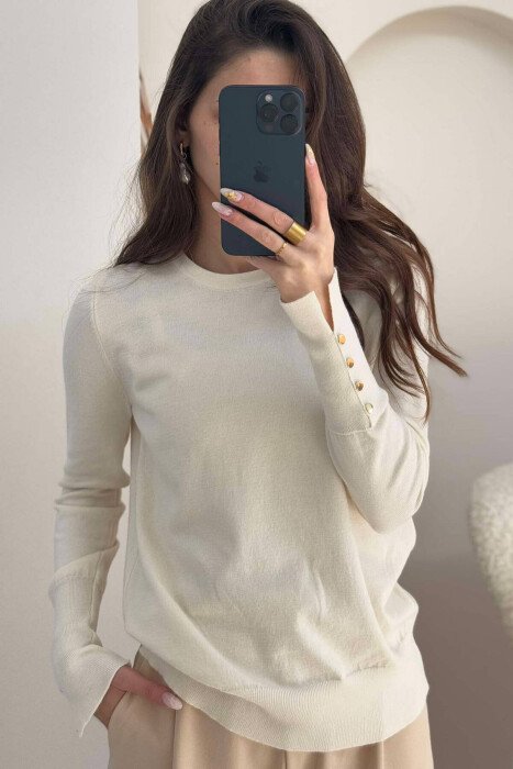 GOLD BUTTONS DETAILS ONE COLOR WOMEN SWEATER CREAM/KREM - 2
